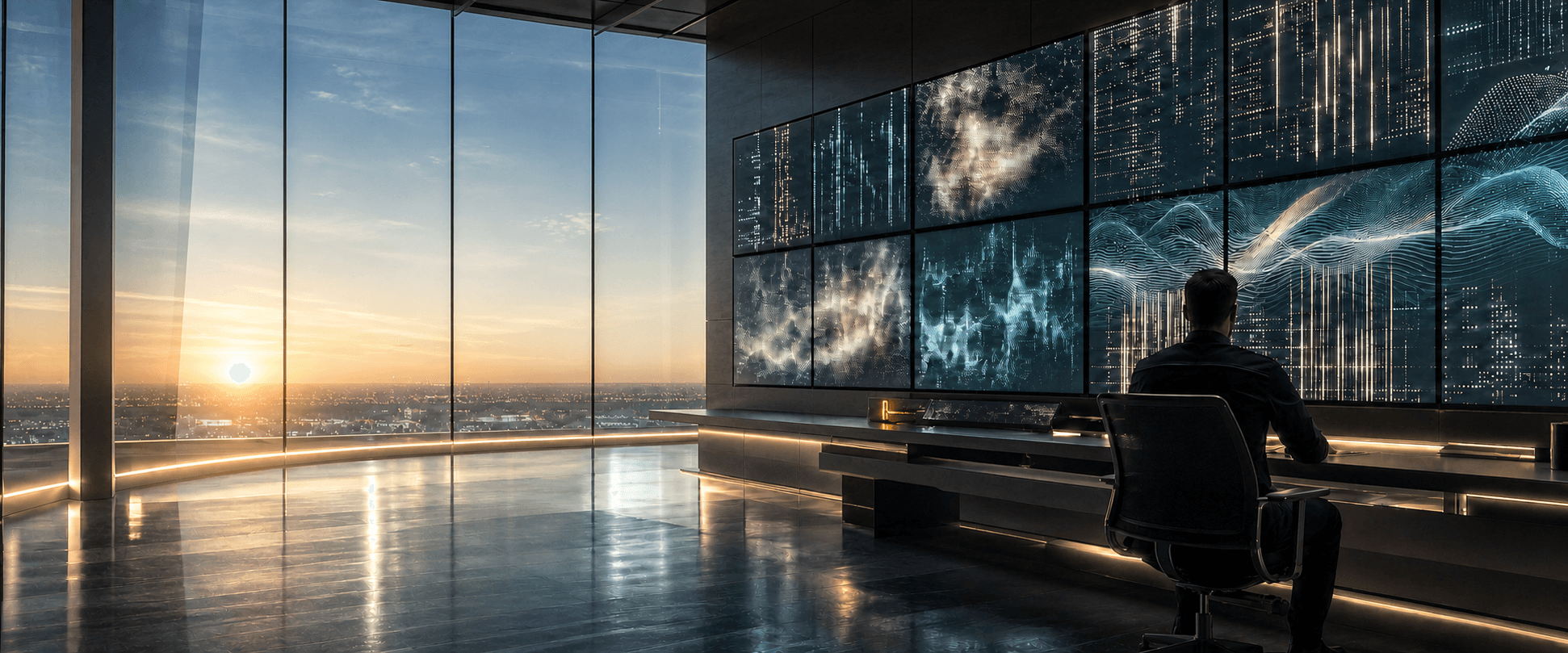 A private market decision observatory overlooking Chicago at sunrise